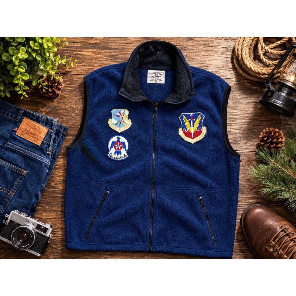 Timberline Fleece Vest Mens Medium Blue USAF Military Patches Full Zip